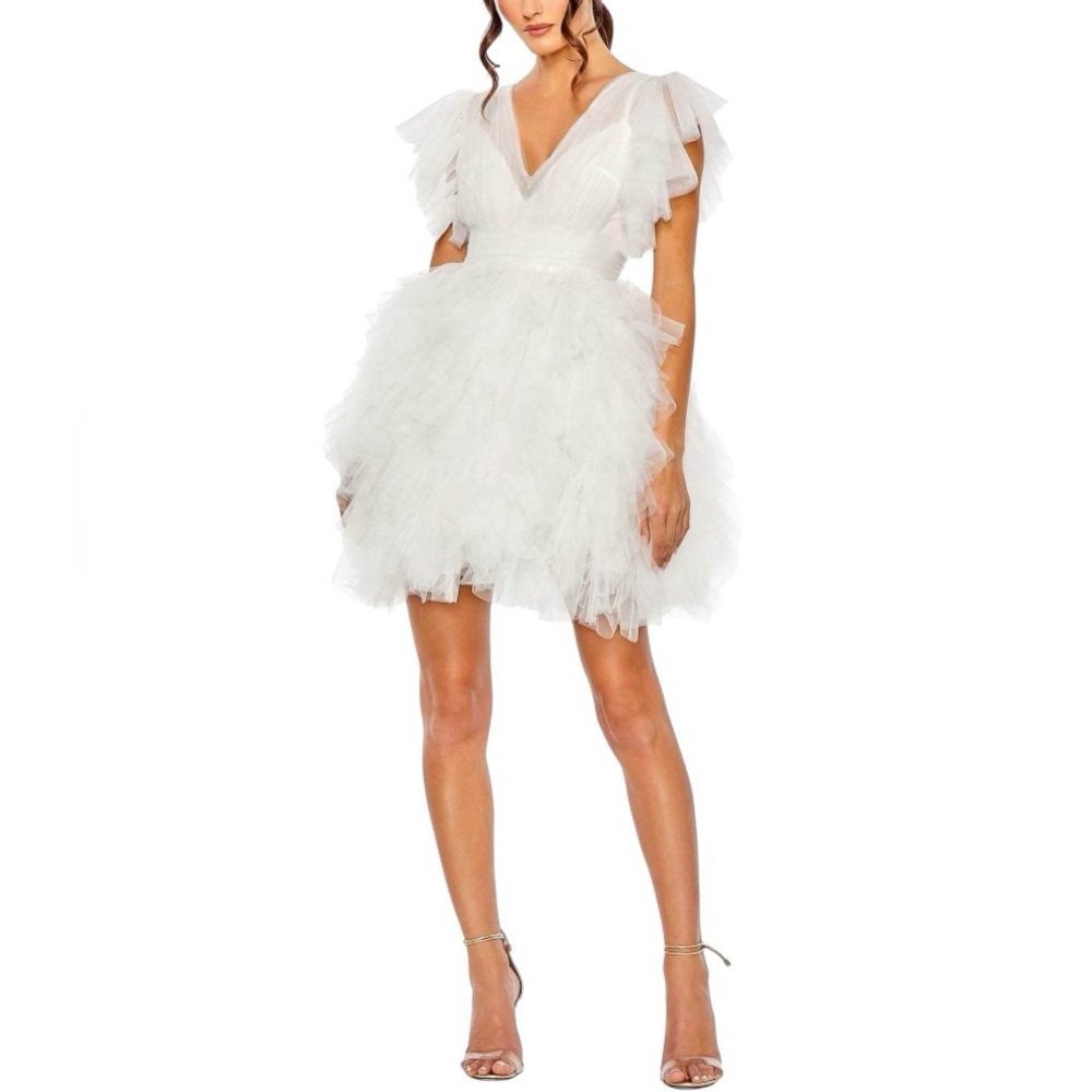 NWT Mac Duggal 20505 Flutter Ruffle Sleeve Tiered Mini Dress White Size 2